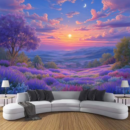 Sonnenuntergang In Lavendelfeldern Tapete Wandbild Fototapete, Provence-Stil Wandtapete Foto Für Wohnzimmer Schlafzimmer Fernseh Hintergrund Wand-Kunst-Deko 150x105cm, Lila