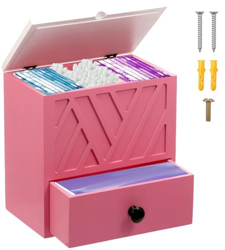 Deuson Binden Aufbewahrung Badezimmer,3 Fächer Tampon Aufbewahrung Bad,Holz Aufbewahrungsbox Hygieneartikel,Vielseitige Girl Stuff Box mit Schublade und Deckel,für Mädchen,Frauen,Damen(rosa,1)