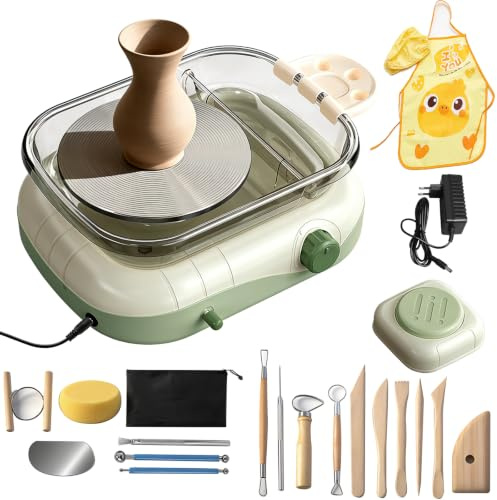 Piattaforma da Ceramica per Bambini, Kit Mini Tornio da Ceramica con Pedale e Scatola Portaoggetti, Rotazione Bidirezionale, con DIY Utensili, Regalo Creativi per Bambini Adulti Principianti