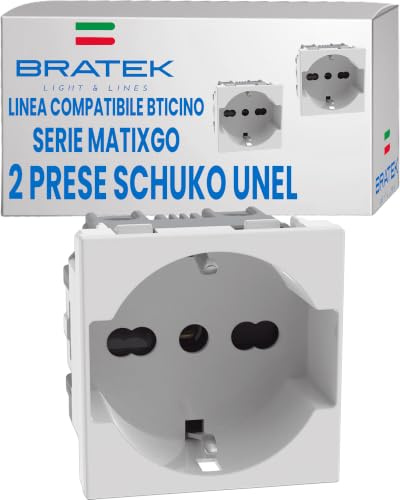 2 Prese Schuko 2P+T 10/16A Compatibili BTicino MatixGO, Made in Europe | Sostituisce BTicino Matix GO JW4140A16 - Bratek 2 Prese Elettriche da Muro Standard Bipasso Italiana e Schuko Tedesca