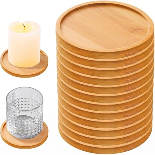12 Stück Kerzenteller Holz 10cm, Kerzenuntersetzer Holz, Holzuntersetzer Rund Untersetzer für Kerzen, Kerzenständer Holz