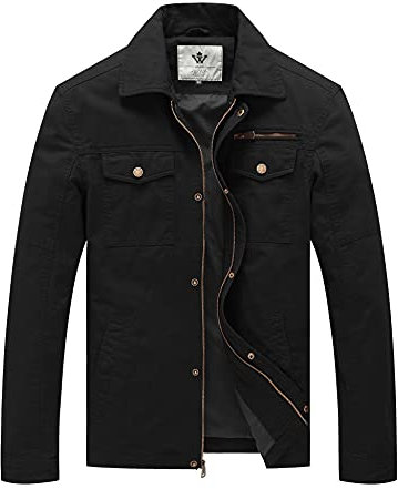WenVen Homme Veste en Coton Coupe-Vent Blouson d'Extérieur Décontractée Manteau Classique Elégant Veste Militaire Manteau Randonnée Automne Noir XL