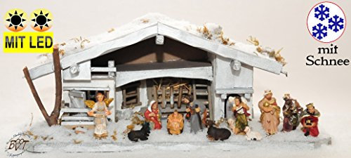 Silber-Design Krippenstall mit Holzbrunnen + 2 Laternen + Lagerfeuer mit Brunnen + Dekor, Massivholz silber - mit PREMIUM-Krippenfiguren mit exakter, detailgetreuer Mimik HANDBEMALT - Krippe mit