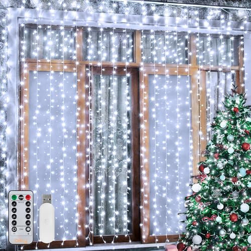 Ollny Lichtervorhang innen aussen, 3x3m 300 LED Lichterkette außen innen USB mit Fernbedienung Timer, dimmbar Lichterketten Vorhang für Fenster Weihnachten Schlafzimmer Wand(weiß)