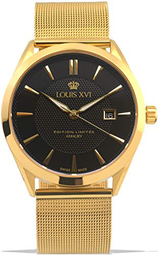 LOUIS XVI Herren-Armbanduhr Amaury Stahlband Gold Schwarz 41mm Analog Quarz Edelstahl Milanaise Armband 997