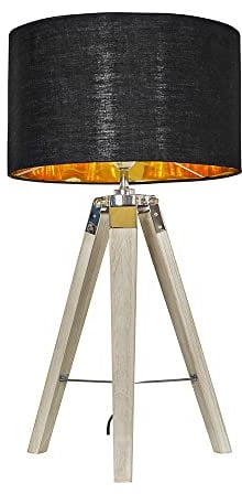 MiniSun | Distressed Wood and Silver Chrome Tripod Table Lamp with a Black/Gold Drum Shade | Home Décor, Bedside & Desk Lamp