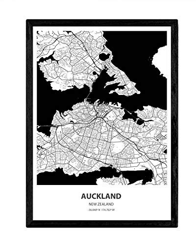 Nacnic Plakat mit Karte von Auckland - Neuseeland. Sheets Städte in Australien mit Meeren und Flüssen in schwarzer Farbe. A4-Format