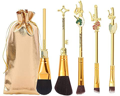 Lot de 5 pinceaux de maquillage Attack on Titan Anime Collection pour fond de teint, blush, fard à paupières, correcteur, contour des yeux, poudre liquide, cadeau pour filles et femmes, doré