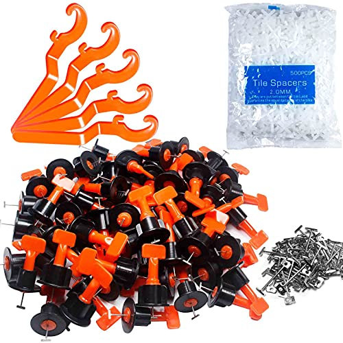 FliesenNivelliersystemKit, 200 Stück wiederverwendbare FliesenNivellierAbstandshalter + 1000 Stück 112 Zoll kreuzförmige FliesenAbstandshalter + 5 Stück Schraubenschlüssel + 50 Stück 0,6 cm