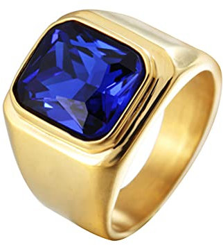 HIJONES Herren Stein Ring Vergoldet Edelstahl Große Quadratische Zirkonia Vintage Statement Ringe Marineblau Größe 60