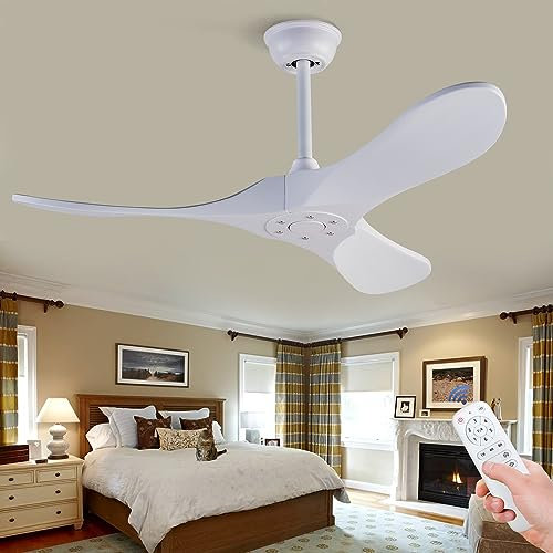 BOJUE Ventilador de Techo Blanco sin luz 106 cm, Ventiladores de Techo con Mando a Distancia para Interior/Exterior - 3 Aspas de Madera Maciza, Para Dormitorio, Patio, Cocina