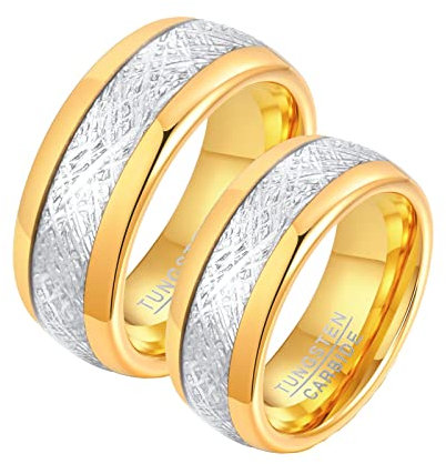 Daesar Paar Ringe Wolframcarbid, Eheringe mit Gravur Partnerringe für 2, Silber Gold Ringe 8MM Damen Gr.54 (17.2) & Herren Gr.67 (21.3)