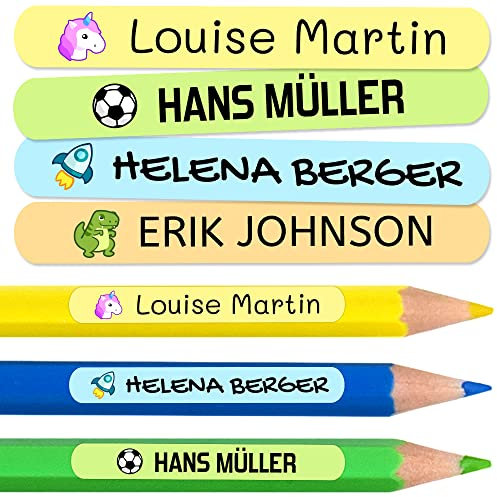 Namensaufkleber Kinder für Schule (100 Stück) - Personalisierte Aufkleber mit Namen für Stifte und Bleistift. Farbige Etiketten wasserfest. Größe 4,6 x 0,6 cm.