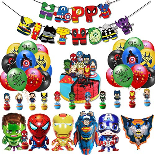 Superhelden Party Dekorationen Avenger Party Supplies – Happy Birthday Banner Superheld Große Folienballons Tortenaufsatz für Kinder Jungen, Mädchen Superhelden Themenparty Dekorationszubehör (C)