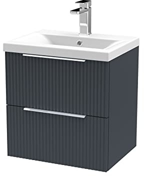 Hudson Reed DFF1492A Fluted Modern Bathroom Wall Hung 2 Drawer Vanity Basin Unit with Mid-Edge Ceramic Basin, 500mm, Soft Black