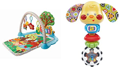 Vtech Baby Musik-Spieldecke – Babydecke mit Spielbogen – Mit 4 abnehmbaren Spielelementen & Wauwau-Rassel – Babyrassel im Hündchen-Design mit lustigen Sätzen, Musik und Lichteffekten
