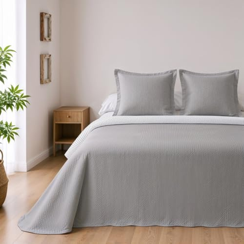 BOHEME Colcha Reversible de Microfibra Gris Cama 150+2 Fundas de Cojín