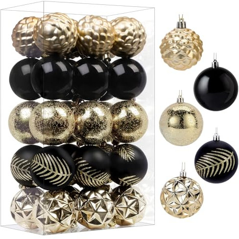 SHareconn Christmas Tree Balls Ornaments, Colored Shatterproof Plastic Decorative Baubles for Xmas Tree Decor Holiday Party Wedding Decoration (6cm, Black/Gold)
