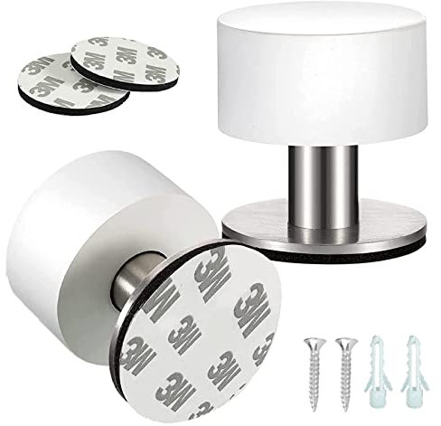 2 Piezas PTapón de Puerta Cromado Autoadhesivo, Tope de Puerta de Acero Inoxidable, Topes para Puertas Suelo Adhesivo, Tope de Puerta Doble con Silenciador 1.57 x 1.65 Pulgadas(Blanco)