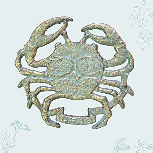 Verdigris Crab Cast Iron Trivet-Copper Green with Gold Touch Tropical Nautical Table Décor-Coastal Heat-Resistant Protector for Hot Pots, Pans,& Dishes-Beach-Inspired Accent for Kitchen & Dining Room