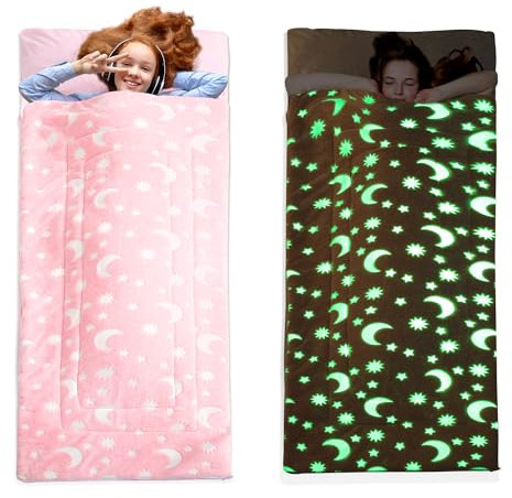 HOMBYS Im Dunkeln leuchtende Kinder-Schlafmatte, 213,4 x 76,2 cm, weiche Samtmatte mit Kissen und Decke, Pink, für Kinder, Mädchen, Jungen, LKW, Reisen, Camping