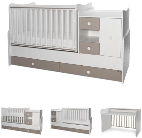Lorelli Babybett, Jugendbett 3 in 1 Mini Max umbaubar, für 2 Kinder gleichzeitig dunkelbraun weiß