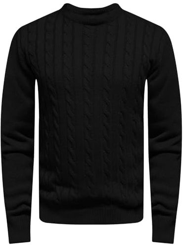 WJL WHISPERING JONES LONDON Mens Cable Knit Jumper Thick Weave Pullover Winter Fisherman Logo Knitted Sweater Long Sleeve Warm, Black, L