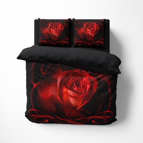 FEBE 3D Bettwäsche Rot Rose Bettbezug-Set 135x200 + Kissenbezug 80x80 cm Wendebettwäsche 2 Teilig mit Reißveschluss