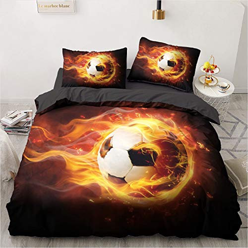 YASMENG Bettwäsche Fussball 135x200 Jungen Flamme Orange 3D Fußball Bettwäsche Weich Mikrofaser Bettwäsche Fussball 2teilig für Jugendliche Geschenke mit Reißverschluss und 80x80 cm Kissenbezug