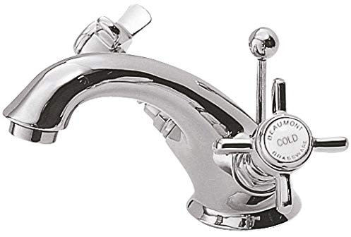 Balterly Bathroom Sink Taps, Mono Basin Mixer Tap with Pop Up Waste, Dual Cross Handles Temperature Control Bathroom Tap, Traditional Spout Basin Taps - 62 x 197 x 112mm (Chrome)