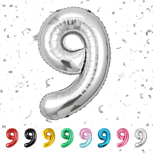 Geburtstag zahlen luftballon 9 jahre Silber Folienballon Kindergeburtstag Deko Silber-Mädchen Junge 9 jahr ballon 40 - 101cm Folienballon 9 jahre Geburtstags deko-fliegt mit Helium