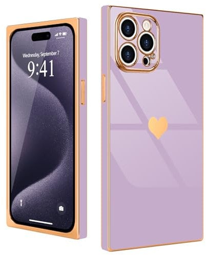 Urarssa for iPhone 15 Pro Max Case Cute Rectangle Heart Pattern Luxury Gold Plating Cases Women Girls Shockproof Bumper Silicone Protective Cover for iPhone 15 Pro Max-Purple