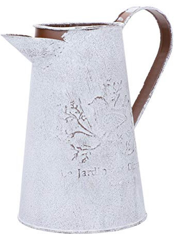 OQHAIR Metallkrug, Bauernhaus-Dekor, Krüge mit Griff, weiße Blumenvase im Shabby-Chic-Stil, Blumentopf aus Blech, Milchkanne, Vintage-Milchkännchen, Vase für Wohnzimmer, Schlafzimmer, Küc