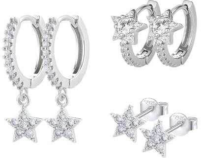 HinDaLi 3 Paar Stern Ohrringe Sterling Silber 925 für Damen Mädchen Klein Ohrringe Creolen mit Stern Anhänger Damen Ohrstecker Silber Diamant