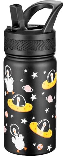 Fanhaw 420 ml Kids Insulated Water Bottle with Straw - Stainless Steel Double Wall Vacuum Cup, Leakproof, BPA Free, Suitable for Boys and Girls(Black - Duck in Space)
