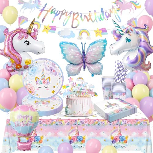 Vajilla para Fiesta de Unicornio, Mariposas 5 Años Fiesta Cumpleaños Niñas, Unicornio Vajilla Cumpleaños Decoracion Incluye Platos Taza Servilletas para 5 Años Cumpleaños 16 Invitados