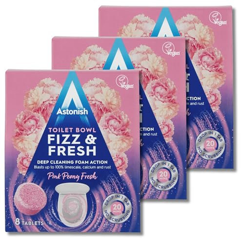 Astonish Toilet Cleaning Foam Action Tabs - Pink Peony Scent, Pack of 3 x 8 Tablets - Powerful and Effortless Toilet Bowl Cleaning with Refreshing Pink Peony Fragrance for Long-Lasting Freshness