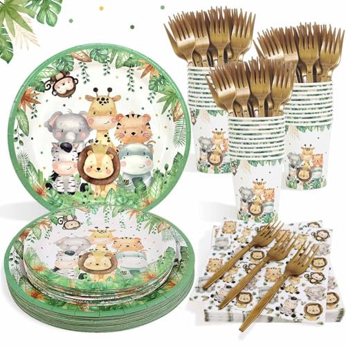 Heboland Vaisselle Animaux de la Jungle pour 25 Invités, 125 Pièces Jungle Safari Thème Vaisselle, Assiette Anniversaire Jungle, Serviettes pour Decoration Garçons Filles, Deco Baby Shower