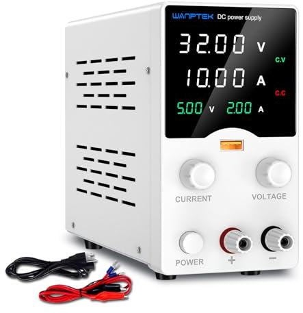 WANPTEK POWER Fuente de Alimentacion Regulable 30V 10A Fuente de Alimentación Laboratorio con Mando Codificador, Fuente de Alimentación Ajustable con Carga Rápida USB/Pantalla LED de 4 dígitos