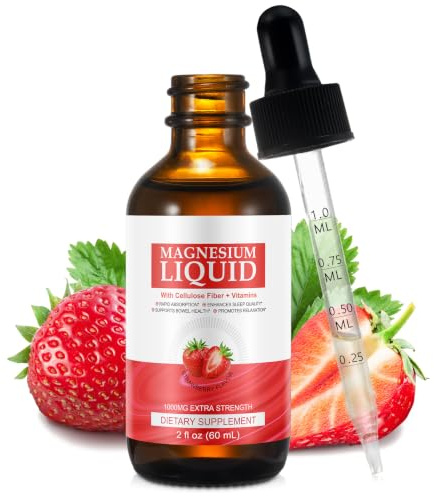 Magnesium Glycinate Liquid Drops,Liquid Complex with Magnesium Glycinate,Taurate,Cellulose Fiber,Bromelain,Vitamin B6,C,D and Zinc, Strawberry Flavor, 2 Fl Oz
