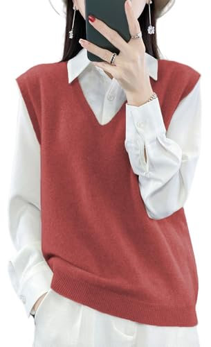 Ailaile Maglione da donna con scollo a V, in 100% lana merino, leggero, senza maniche, gilet di base, top corti, Rosso ciliegia, L