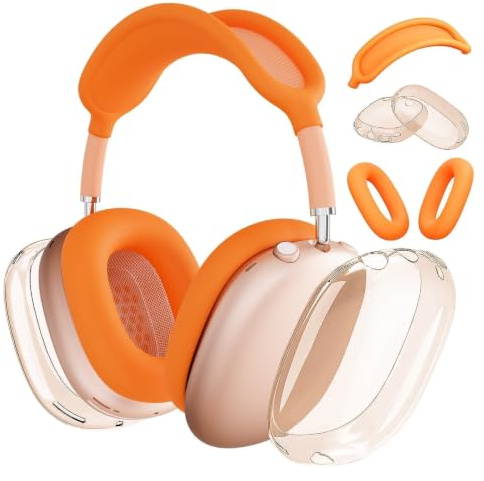 MOLOPPO 3 in 1 Hülle Cover für AirPods Max, Klar TPU Ohrmuschel/Silikon Ohrpolster Hülle/Stirnband Abdeckung, Anti-Kratzen Zubehör Set Kompatibel mit Apple für AirPods Max 2/1 (2026/2024/2020), Orange