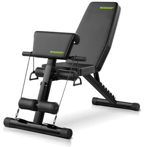 wuuhoo® Hantelbank Apex – Verstellbare Trainingsbank mit Resistenzbänder, Bizeps-Polster und ergonomischer Polsterung für vielseitiges Heimtraining