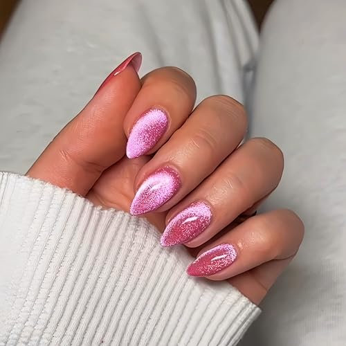 Hot Pink Cat Eye False Nails Short Almond, SXVME 30 Pcs Glitter Press on Nails Sparkly Shiny Fake Nails Cute Bling Glue on Nails Medium Stick on Nails for Women Daily Wear