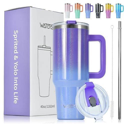 WATERSY 40oz Kaffeebecher to Go Thermobecher Doppelwandiger Edelstahl Vakuum Auslaufsicher Trinkbecher mit Griff und Strohhalm Thermo Tumbler Lila Blau Glänzend