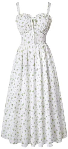 SCARLET DARKNESS Sommerkleid Damen Lang Strandkleid Grüne Blumen Ärmellos Elegant Spaghettiträger Kleid mit Taschen L