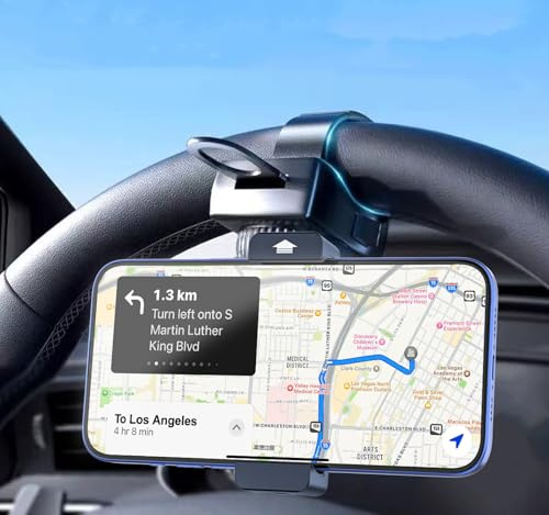 Kolasels Steering Wheel Phone Holder with Large Metal Clip[Thick Cases Friendly]Adjustable Phone Holders for Your Car, Truck, Tesla, Hands Free Phone Mount for iPhone 16 15 Pro Max, Android Smartphone