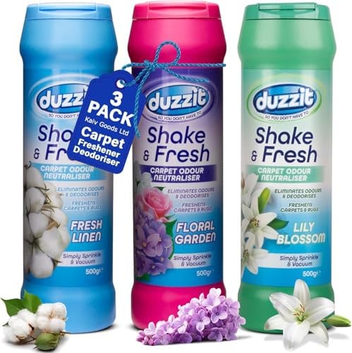 Shake and Fresh Carpet Odour Eliminator Pack of 3 Duzzit - Freshen Your Home with Long-Lasting Scents! (Lily Blossom, Fresh Linen, Floral Garden)