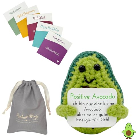 Pocket Hug Positive Avocado · Mutmachergeschenk für Freunde, Familie und Kollegen · Kreative Avocadofigur · Motivationsgeschenk & Glücksbringer deutsch · Handmade Woll-Avocado inkl. Zubehör