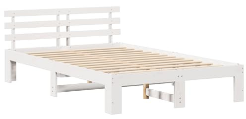 vidaXL Bettgestell mit Kopfteil Weiß 135 x 190 cm Massivholz Kiefer, Moderner rechteckiger Bettgestell, aus massivem Holz, minimalistisches Schlafmöbel, Coole Wohnraum-Deko